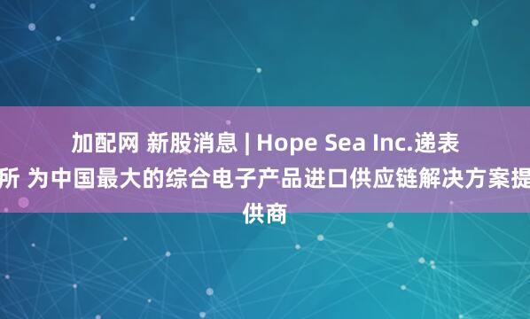 加配网 新股消息 | Hope Sea Inc.递表港交所 为中国最大的综合电子产品进口供应链解决方案提供商